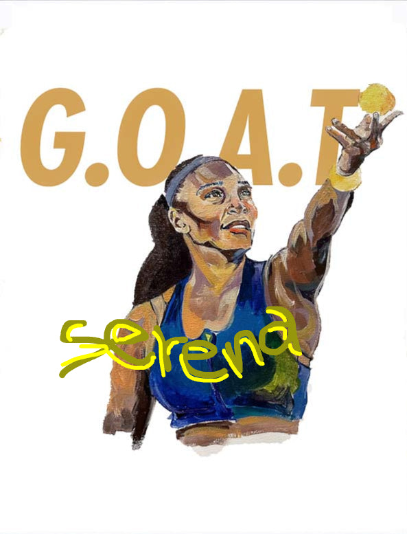 Artistic depiction of tennis great with 'G.O.A.T.' text above