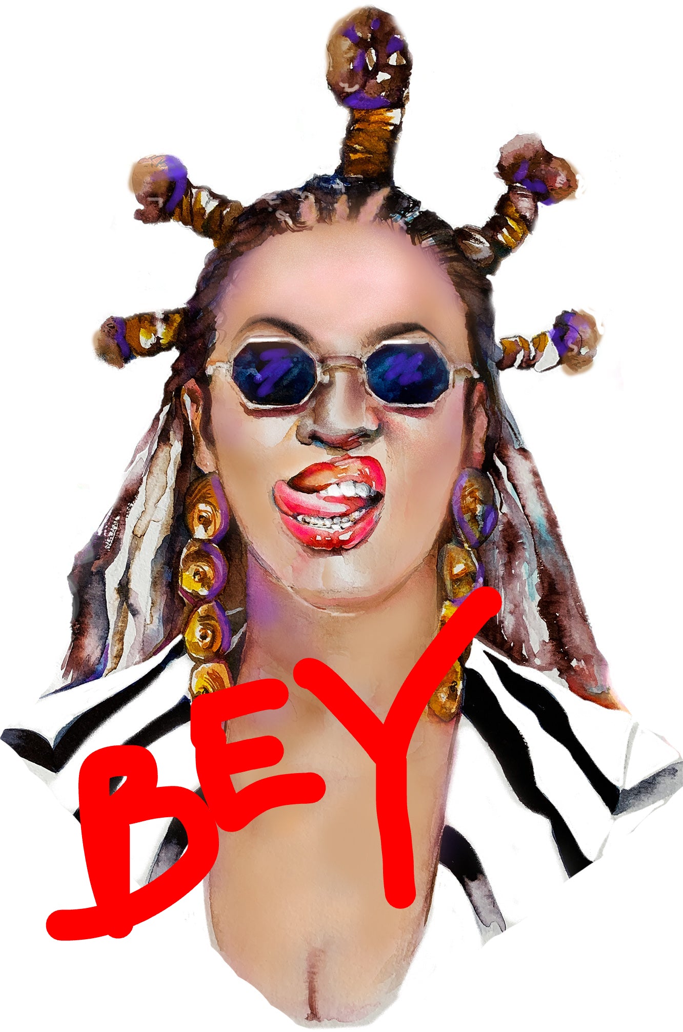 Artistic depiction of a person with decorative headpiece and sunglasses on a white background