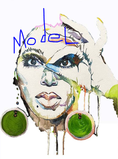 Framed artwork of a stylized face with green earrings on a white background