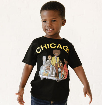 boy wearing Black Chicago Morning Tee