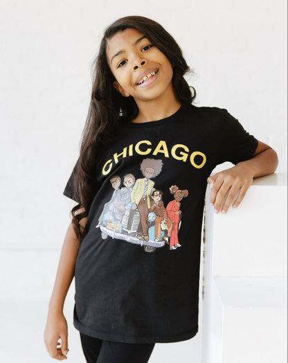 Girl wearing Black Chicago Morning Tee