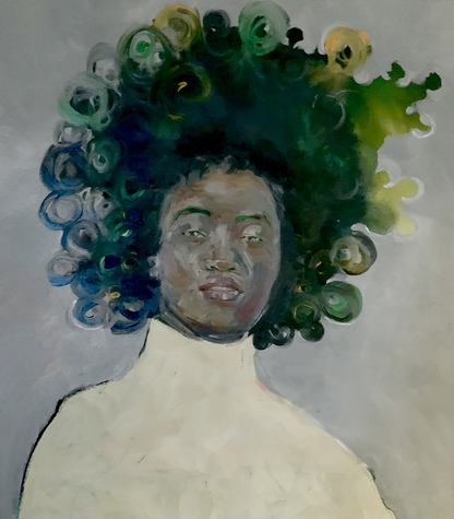 Digital art of an Artistic depiction of a person with a colorful afro on a gray background