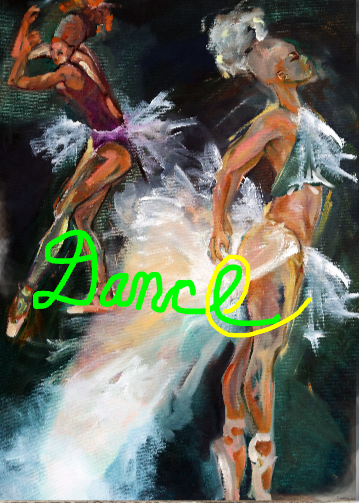 Abstract painting of two dancers in motion with dynamic poses.