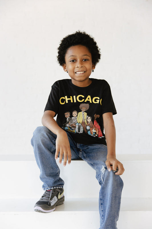 Boy wearing Black Chicago Morning Tee