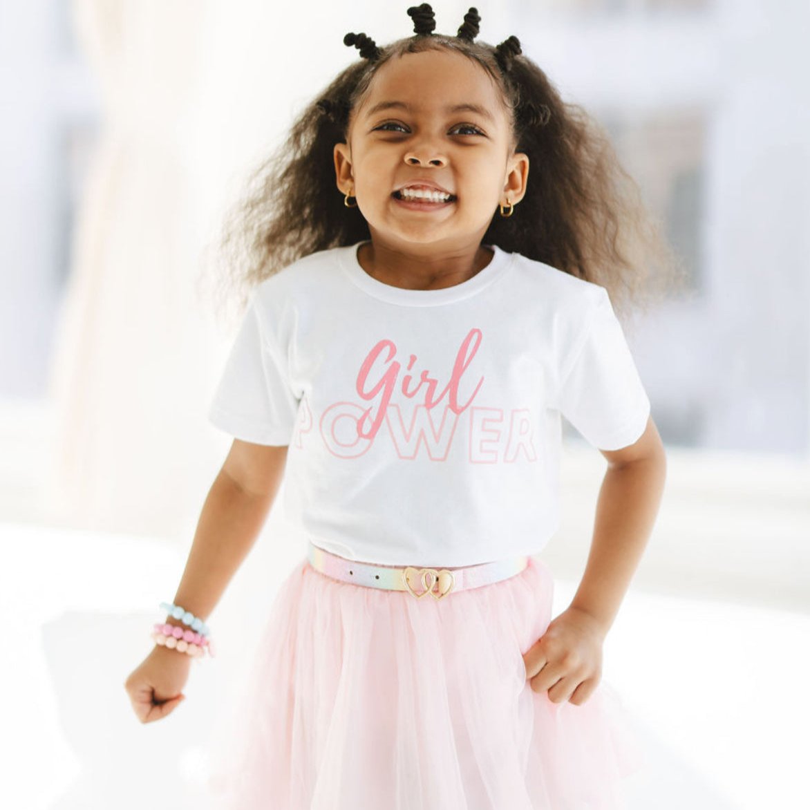 Girl wearing White Girl Power Tee Pink Lettering