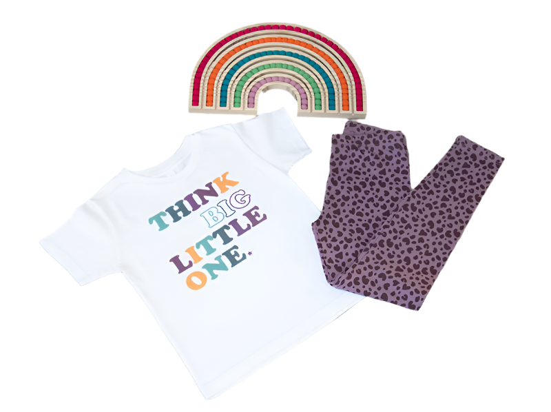 Image of Think Big Little One Tee Shirt with rainbow and leggins