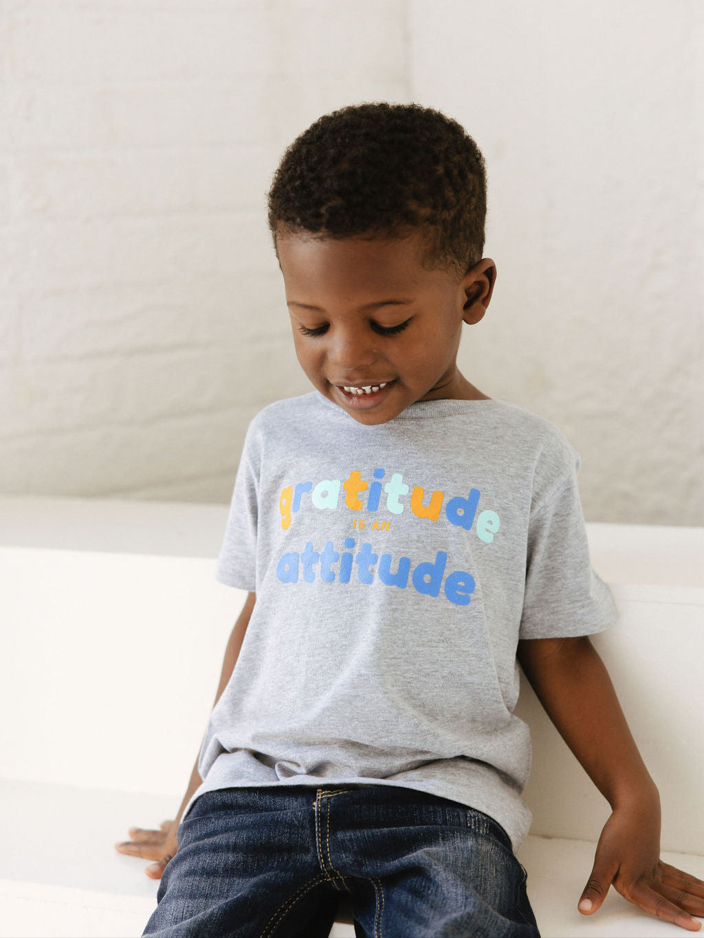 Boy wearing Gray Gratitude Tee