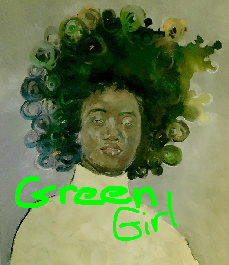 Artistic depiction of a person with a stylized green afro on a plain background