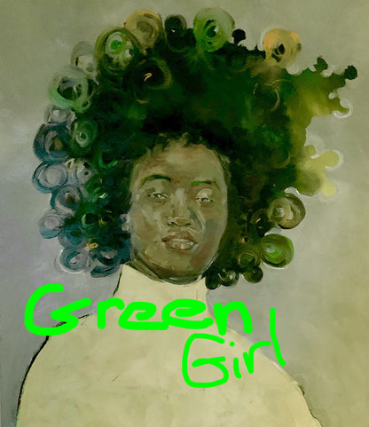 Artistic depiction of a person with a stylized green afro on a plain background