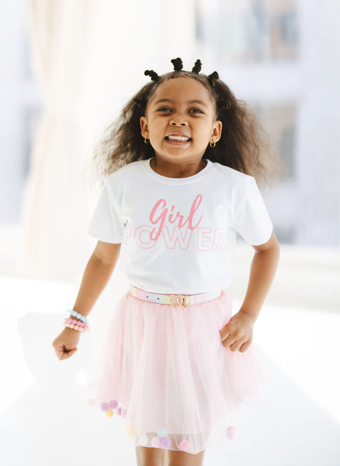 Girl wearing White Girl Power Tee Pink Lettering