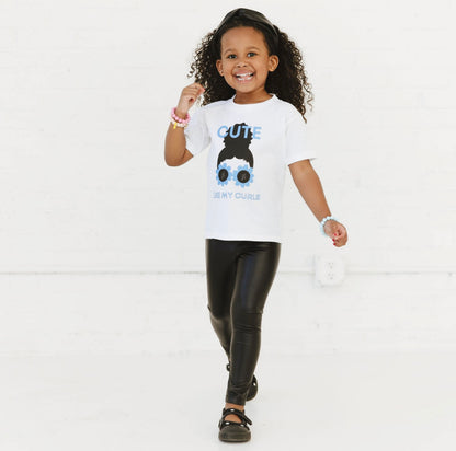Child wearing Cute Like my Curls Tee with Blue Lettering