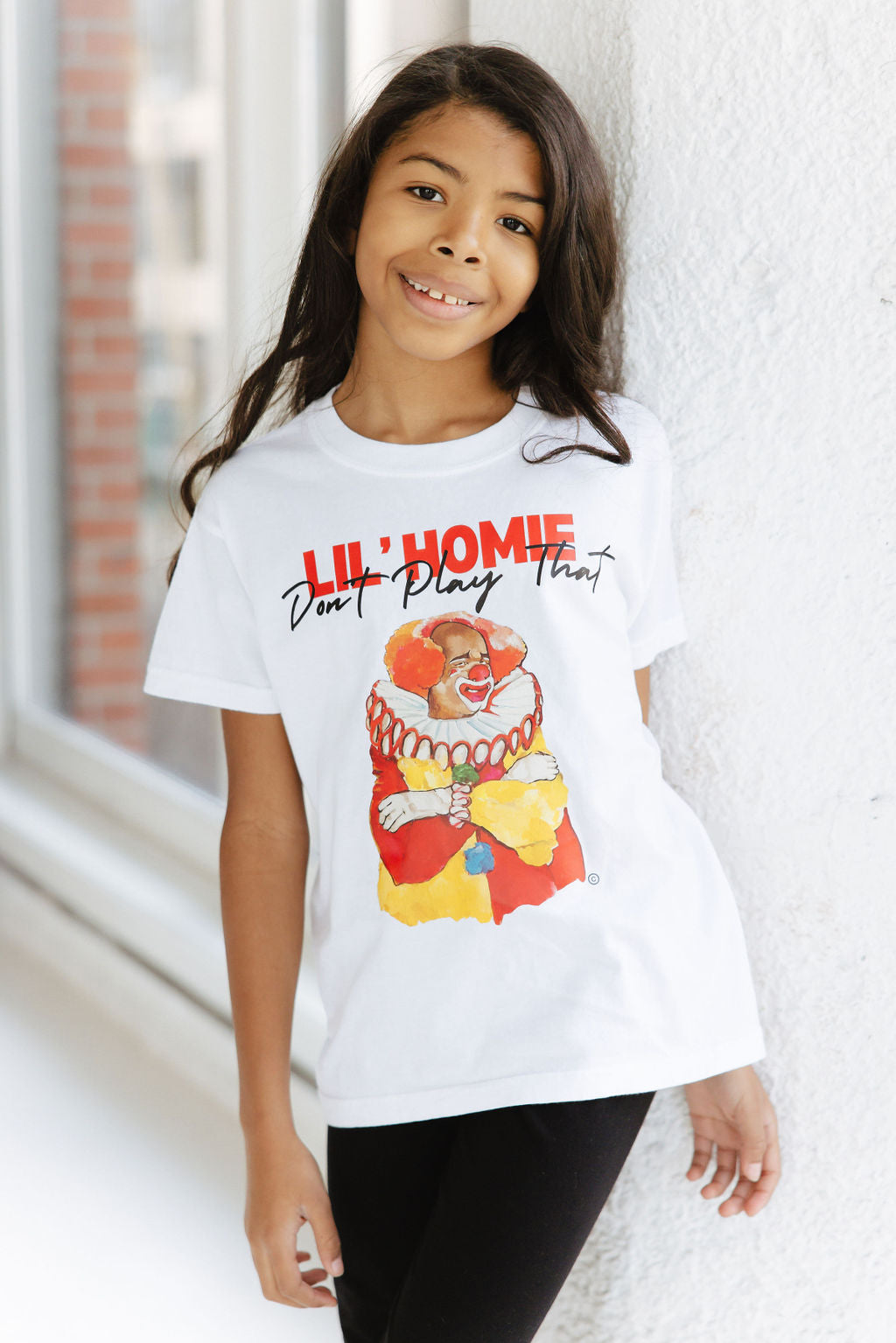 Girl wearing White Lil Homie Tee