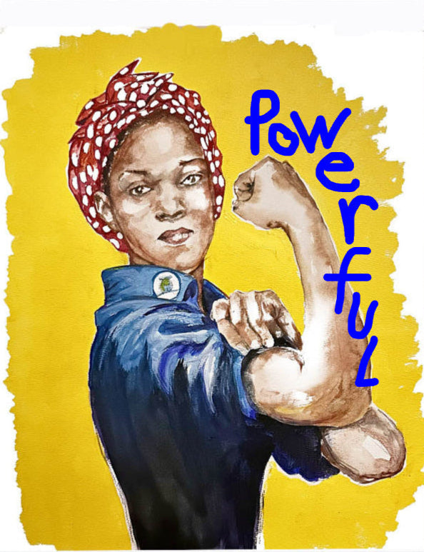 Framed artwork of a woman with a raised fist on a yellow background