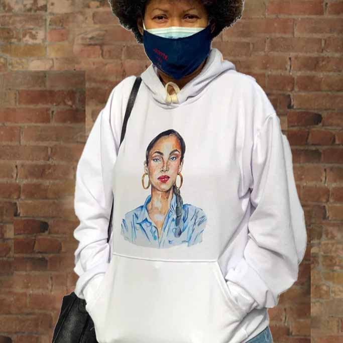 Woman wearing White Sade Hoodie